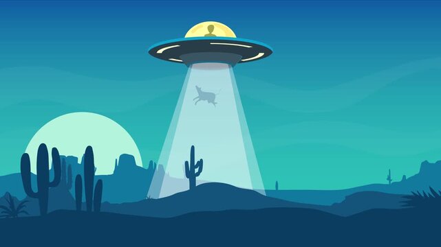 UFO hovers over desert at twilight. Beam shines down on cacti and hills. Moon hangs low in deep blue sky. Silhouettes create mysterious atmosphere. No people, animals, or plants visible
