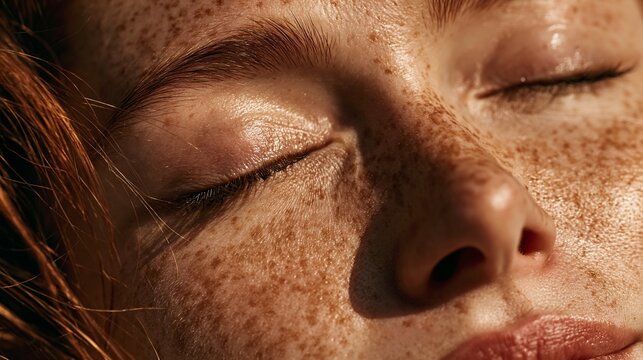 Extreme macro close up of a woman face with freckles and closed eye.