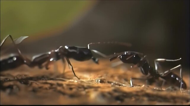 Extreme close-up of ants interacting on textured ground in macro detail