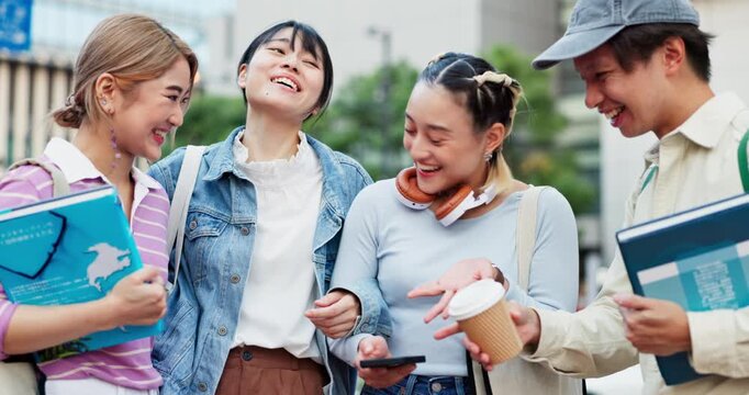 Phone, friends and group of students laugh at social media meme, gif pr study break in Japan. College, mobile or Asian people together for learning, talk or excited for exam results at campus outdoor