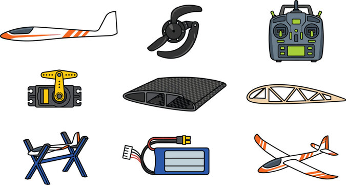 RC Glider Model Airplane Parts and Radio Control Equipment Vector Icon Set for Remote Controlled Aviation Hobby and Engineering
