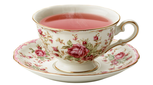 Delicate floral teacup filled with steaming pink tea on transparent background cup saucer rose roses flower