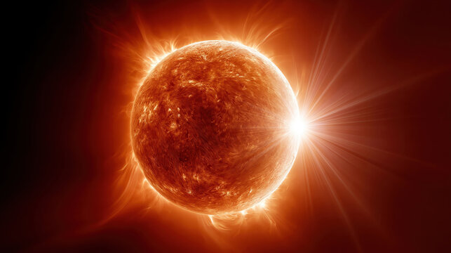 Sun with solar flares and coronal loops emitting a powerful burst of light from its limb, illuminating the surrounding outer space with intense heat and radiation