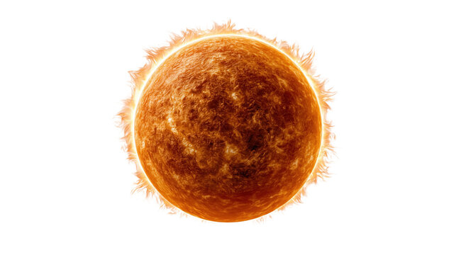 Sun showing its fiery surface with solar flares and a transparent alpha channel, representing a powerful star, heat, and cosmic element