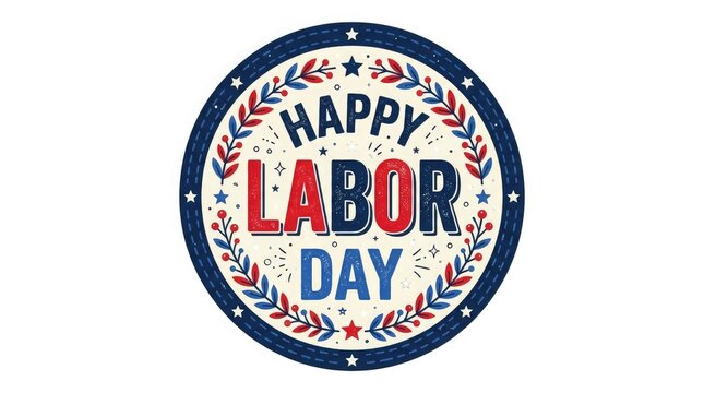Labor Day Badge Illustration with Happy Text, Red and Blue Stars, and Laurel Wreath Around a Circular Emblem