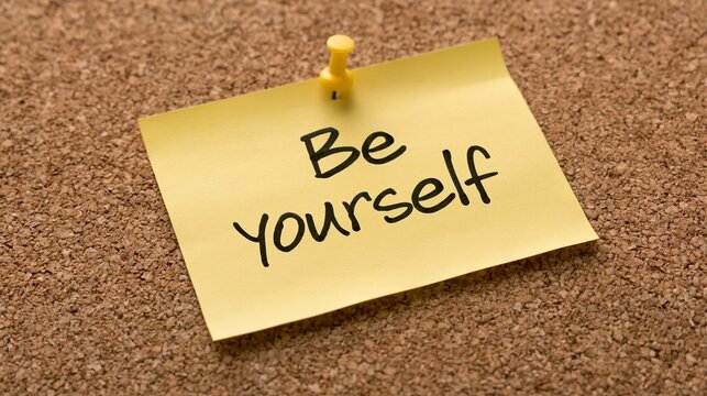 Yellow sticky note with text Be Yourself pinned on corkboard.