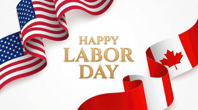 Flags Illustration with Happy Labor Day Gold Text and Red White Blue Waving Ribbons for Festive Holiday Greeting Design