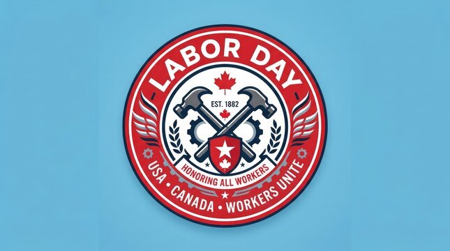 Labor Day Emblem Logo with Crossed Hammers and Gears Featuring Workers Unite, Usa, Canada, Clean Composition on Simple Background
