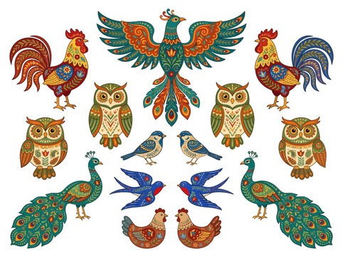 A collection of decorative folk art birds featuring roosters owls peacocks and swallows with intricate patterns.