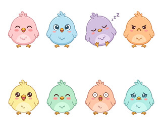 Fototapeta premium A collection of eight colorful cartoon chicks with various facial expressions and emotions.