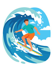 Fototapeta premium Flat style vector illustration of man riding a powerful ocean wave on a surfboard with dynamic water splashes. Perfect for summer sports, adventure, beach vacation and active lifestyle designs