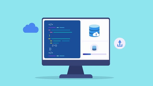 Modern flat vector animation of an AI cloud database dashboard on a desktop monitor with source code editor, cloud storage, database management, and programming interface. Ideal for software developme