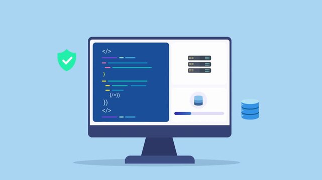 Modern flat vector animation of an AI secure development dashboard on a desktop monitor with source code editor, database management, security status, and programming interface. Ideal for software dev