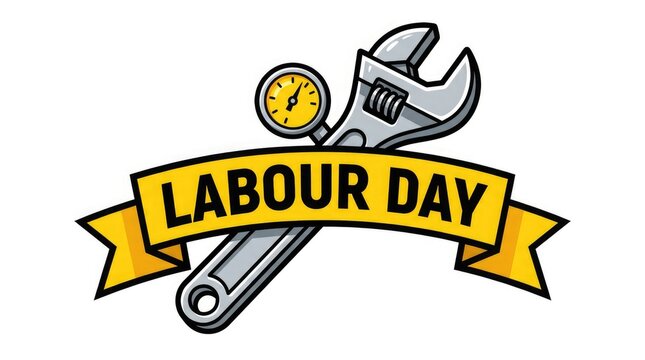 Wrench and Hammer Icon with Yellow Labour Day Ribbon Banner and Clock Symbol for Workers Celebration Concept