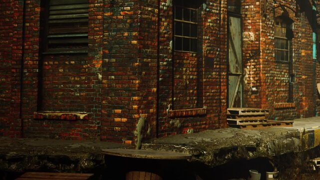 A brick building stands in a city. The structure shows signs of age. Wooden doors and windows add to the appearance. Pallets are placed in front on the ground.