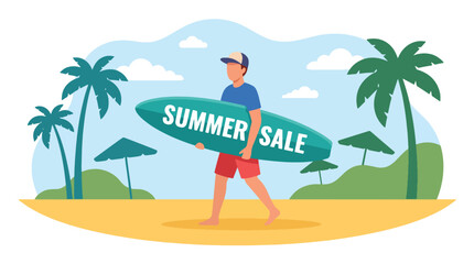 Flat style vector illustration of man walking the beach carrying a surfboard with Summer Sale ad, under blue skies. Perfect for summer vacation, surfing, travel promotions and coastal lifestyle themes © Amie