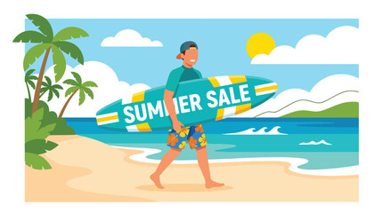 Flat style vector illustration of man walking the beach carrying a surfboard with Summer Sale ad, under blue skies. Perfect for summer vacation, surfing, travel promotions and coastal lifestyle themes © Amie