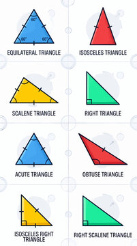 Collection of Labeled Triangle Types: Equilateral, Isosceles, Scalene, Right, Acute, Obtuse, Isosceles Right, and Right Scalene Triangles Illustrated with Flat Design Elements and Geometric Markings