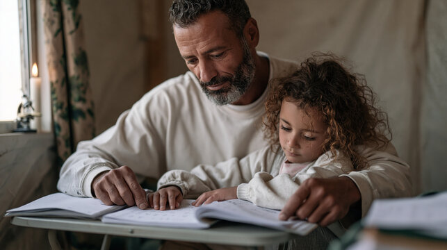 A Syrian father helps his young daughter trace letters in a workbook at a folding table inside a temporary housing unit, candle flickering beside a small window, perfect for