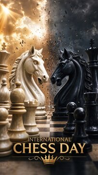 White and black knight chess pieces facing each other on board. Dramatic explosion of light and dark background. Conceptual struggle and strategy for International Chess Day celebration.