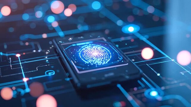 Futuristic Fingerprint Biometric Sensor with Glowing Digital Data Elements on a Circuit Board Background