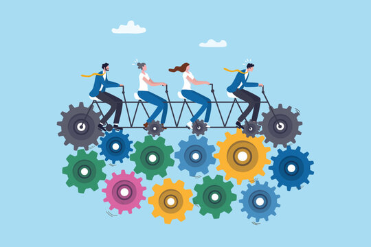 Team effort to progress to work achievement success, productivity or efficiency collaboration work, teamwork or organization office process, business people coworker help ride cogwheels bicycle.
