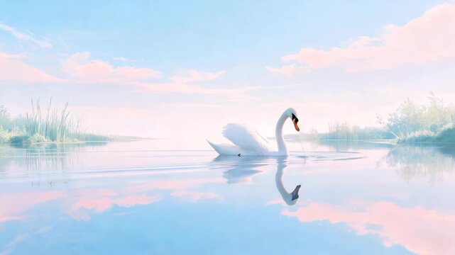 Elegant swan glides across calm water during serene sunrise with gentle sky reflections