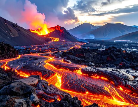A volcanic landscape with flowing lava and mountain ranges