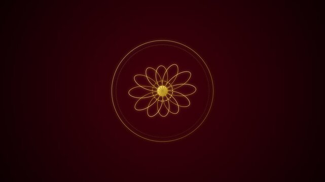 A glowing golden geometric flower pattern on a dark burgundy background