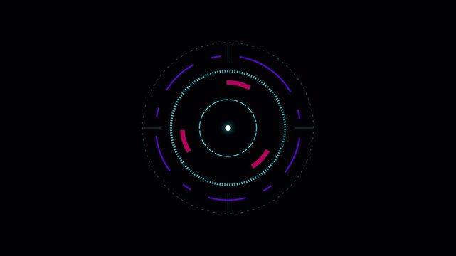Abstract digital circular interface with glowing neon rings on black background