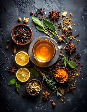 A warm cup of tea surrounded by spices and lemon on a dark surface