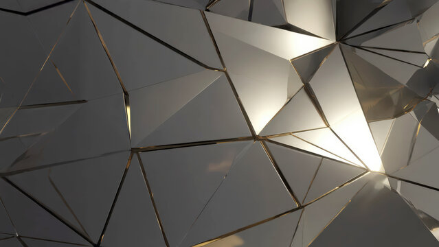 Dark grey abstract surface with sharp geometric triangular facets and subtle travelling light reflections forming a cinematic pattern. Luxury tech background concept