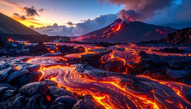Fiery lava flow from active volcano at sunset (1)