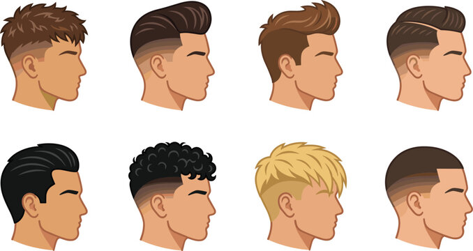 Modern Men Hairstyle Collection Vector Set Featuring Fade Undercut Pompadour Curly Buzz Cut and Trendy Haircuts