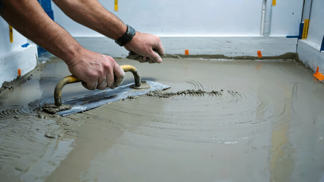 Close-up of hands pressing metal trowel into fresh cement screed on apartment floor with construction tools visible nearby. Floor renovation process concept
