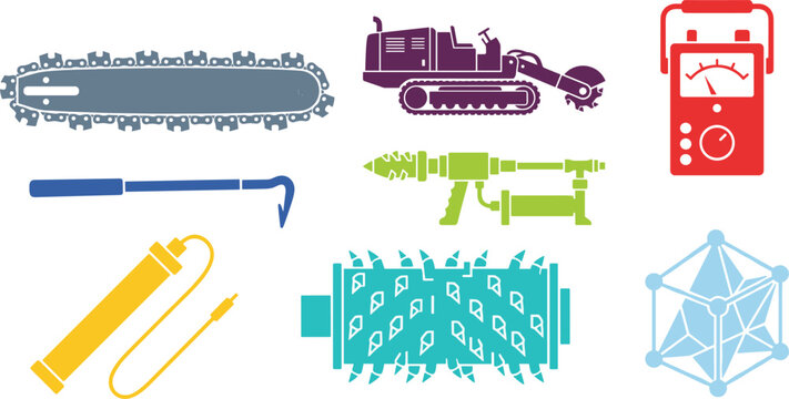 Underground Mining Machinery and Heavy Tunneling Excavation Equipment Flat Icon Set Vector Illustration for Engineering and Geological Industries