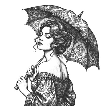 elegant woman in floral vintage dress holding an ornate parasol with closed eyes sketch engraving generative ai fictional character raster illustration. Scratch board imitation. Black and white image.