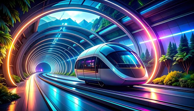Futuristic train in a neon-lit transport tunnel