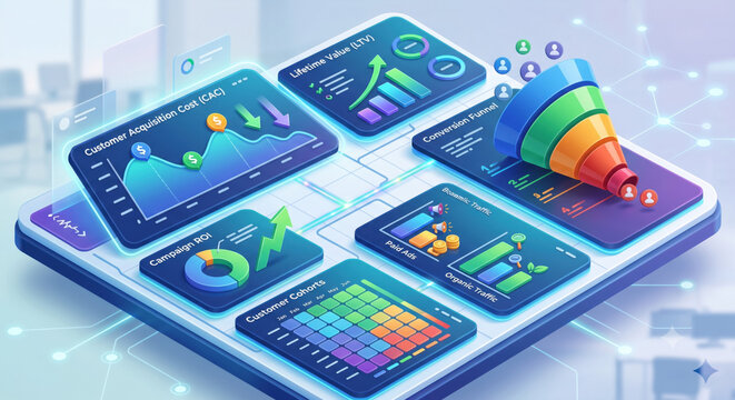 3D mobile analytics mockup comparing CAC and ROAS across campaigns in a CDP dashboard.