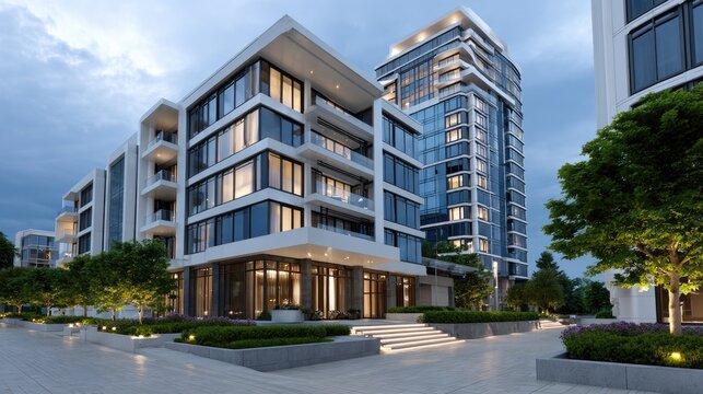 Futuristic residential tower with automated underground parking accessed by autonomous vehicle elevator during blue hour