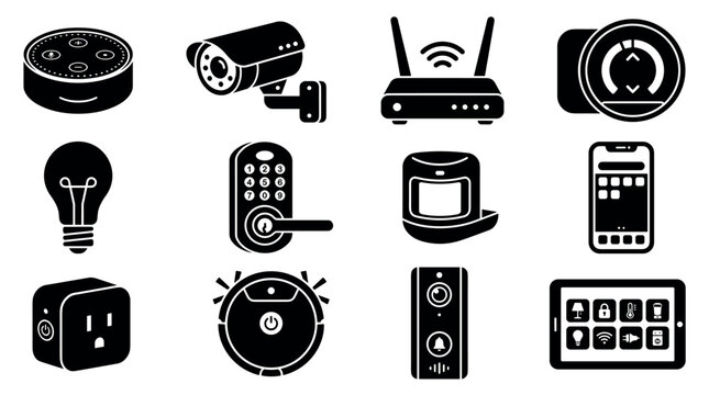 Smart home automation devices and security systems vector icon set