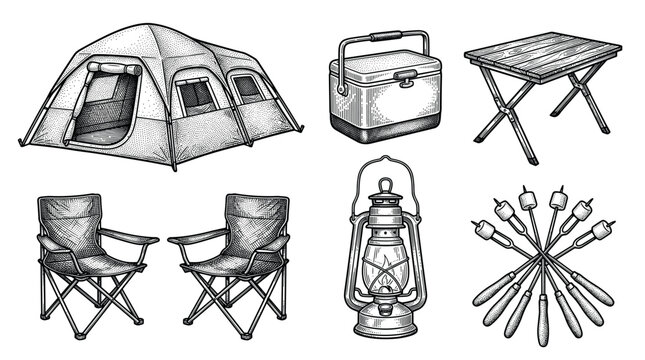 Camping and outdoor recreation equipment vector illustration set in vintage engraving style