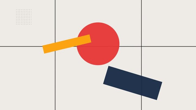Minimalist graphic design with geometric shapes on a white grid background