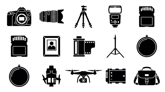 Photography and video equipment vector icon set featuring camera, lens, tripod, drone, and memory card symbols in flat glyph style