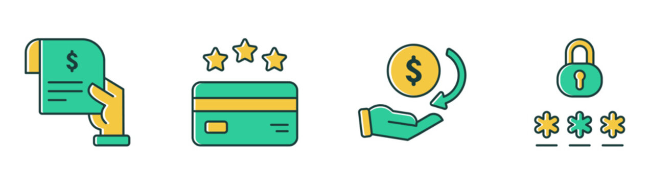 Cashback loyalty reward icon set featuring receipt invoice, secure payment, password, finance illustration
