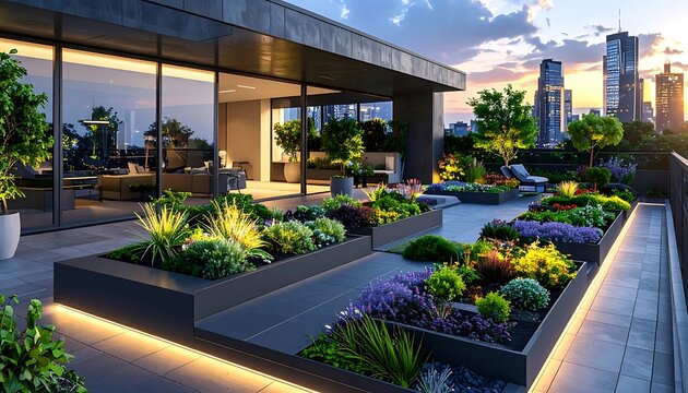 Modern rooftop garden with city view at sunset (1)