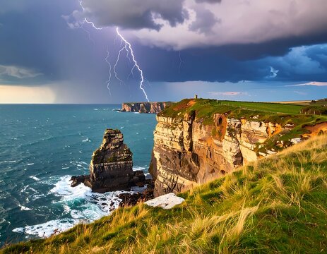 Stormy weather with lightning over ocean cliffs