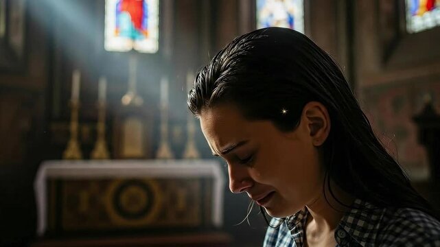 Woman with wet eyes praying in church during vulnerable moment full of emotion