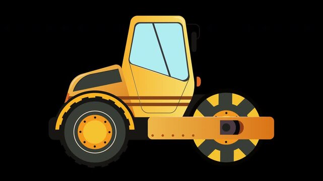 Yellow roller compacts asphalt. Black background highlights machinery. Simple, clean design for construction use. Perfect for roadwork or building projects. No people or animals in the image