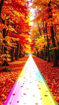 Vibrant autumn path bathed in golden light
